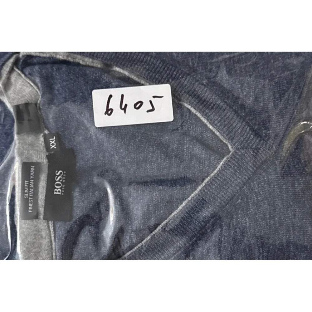 BOSS Hugo B V-Neck Sweater Mens XXL Elbow Blue Slim Fit Italian Yarn Runs Small